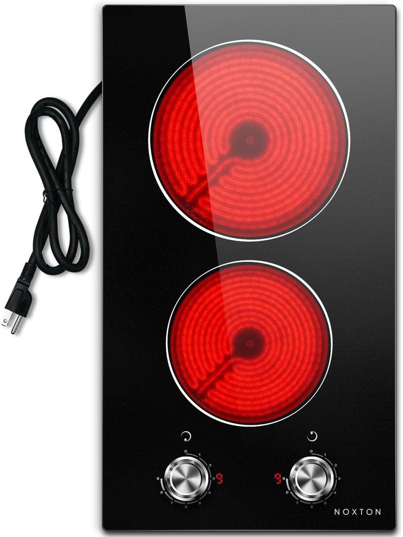 Noxton 110v Electric Cooktop 2 Burners, Plug in Electric Stove 12 Inch, Built-in or Above the Counter Use, 9 Power Level, Knob Control Ceramic Stovetop, Great for the Elderly