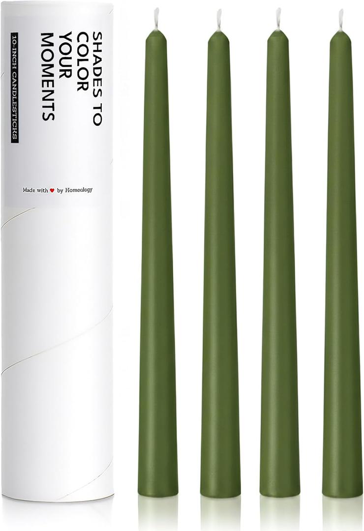 2 x 10" Classic Taper Candles, Moss Green, 4-Pack, 7-8 Hours Long Burning, Unscented Tall Candlesticks
