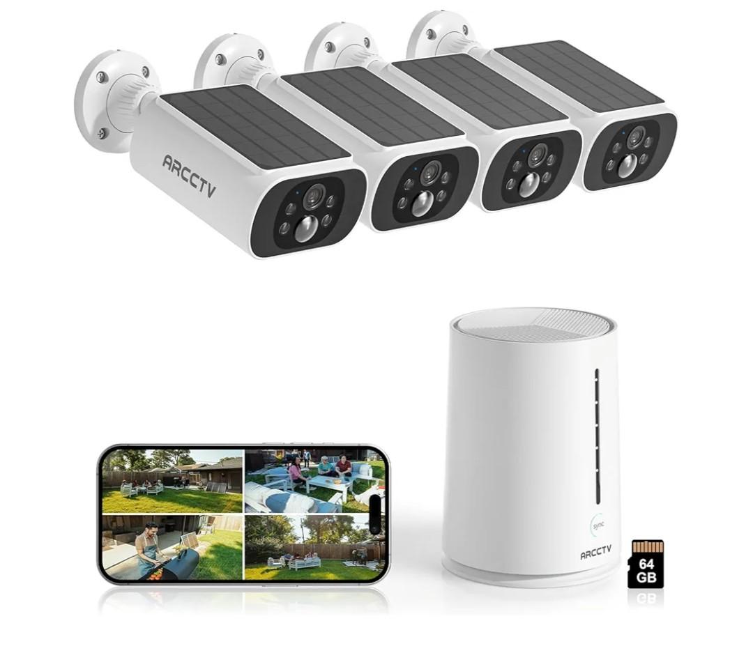 Solar Security Cameras Wireless Outdoor, 4 Cam-Kit, 4MP Solar Security Camera Wireless System, Color Night Vision, Motion Detection, No Monthly Fee, 32GB Memory Card
