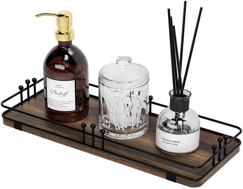 Bathroom Vanity Tray for Countertop Toiletries Perfume Makeup Soap Dispenser Toilet Tank, Kitchen Tray for Salt Spice, Decor Tray for Candle Nightstand Coffee 11.3x 4.4 Brown-Black