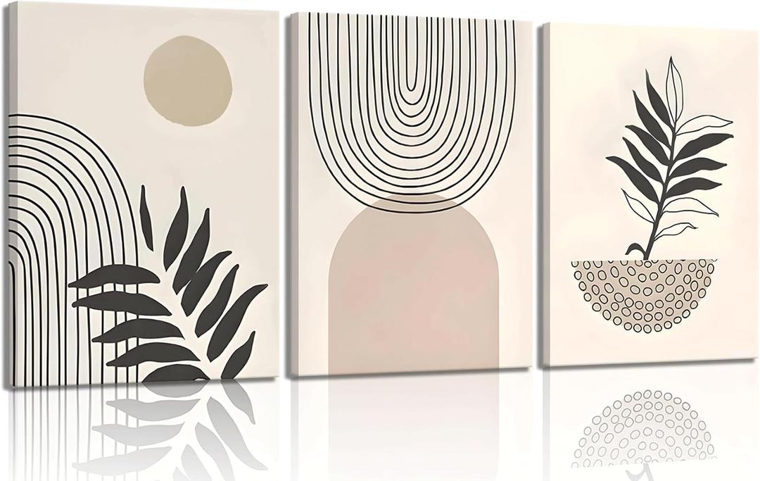 3 Pcs Framed Boho Sage Canvas Wall Art Geometric lines leaves sun beige Wall Decor Pictures Minimalist Poster Prints for Living Room Bedroom Bathroom Home Decoration 16x24 in