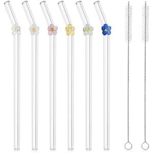 DUMING-IN 6 Pcs Reusable Glass Straws with 2 Cleaning Brushes, Cute Colorful Flower Glass Straw Shatter Resistant, Reusable Straws Dishwasher Safe for Smoothies, Milkshakes, Juices, Teas