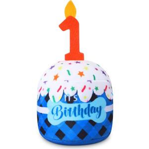 Dansydaisy Dog 1st Birthday Cake Toy Accessories for Girl Boy Gifts, Blue Grid Squeaky Plush Toy for Dog Birthday Party Decor Favor for Large, Medium and Small Dogs