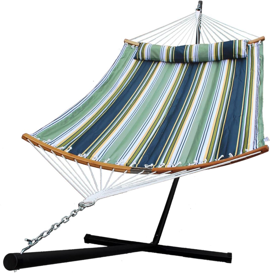 Hammock with 12.8 Feet Stand & Curved Bamboo Spreader Bar Double Hammocks 2 Person Heavy Duty Max 450lbs Capacity, Navy Blue&Aqua