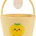OIAHOMY Gift Basket with Handle, Personalized Baby Basket for Kids, Woven Rope Gift Empty for Toys, Baby Treasure Hunt Baskets with Wooden Card for Boys and Girls - Yellow (7.9"D x 5.9"W x 5.9"H)