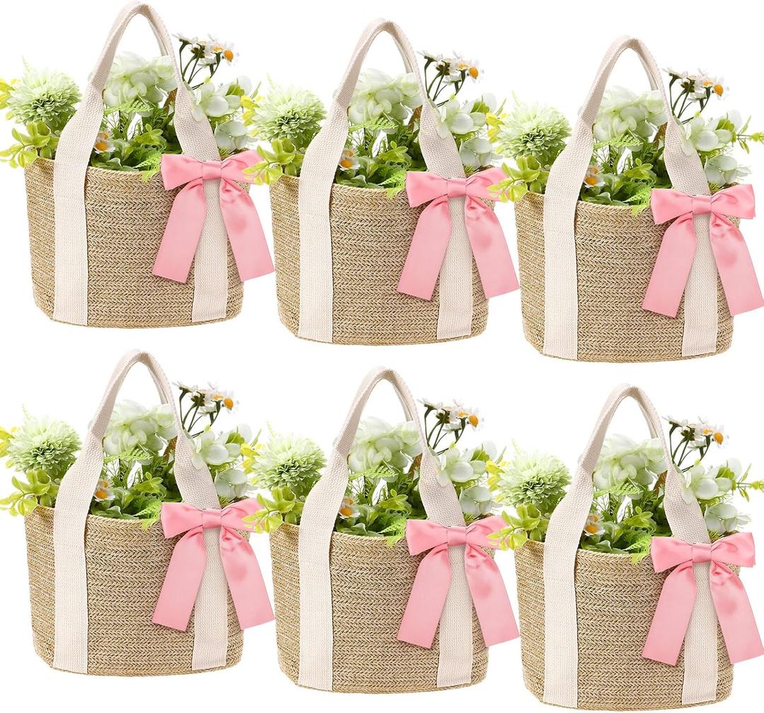 6 Pcs Burlap Tote Bags, Woven Straw Beach Bags for Bridesmaid Gifts, Bachelorette Favors, Wedding, Beach Party(White)(White, Pink), Medium