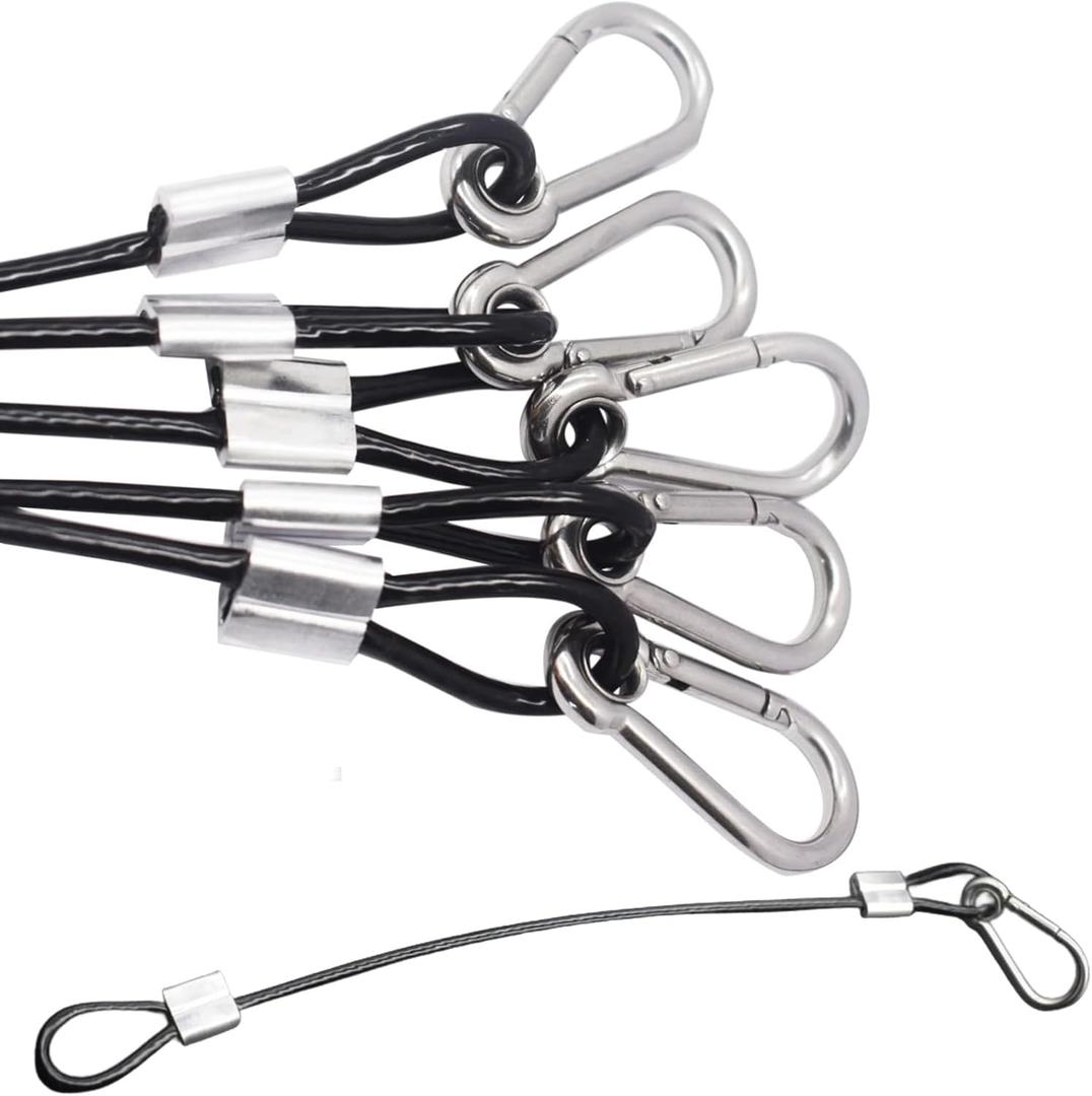 5 pcs 12 inch Vinyl Cover Coated Stainless Steel Wire Rope Lanyard Cable Tether Safety Strap with Hooks and 2 Loops (4mm Thickness), Black