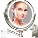 8" Wall Mounted Lighted Makeup Mirror, 3000mAh Rechargeable Double Sided 1X/10X Magnifying Mirror with Hook, 3 Color Lights Touch Dimmable 360 Rotation Vanity Mirror for Bathroom (Nickel-round)