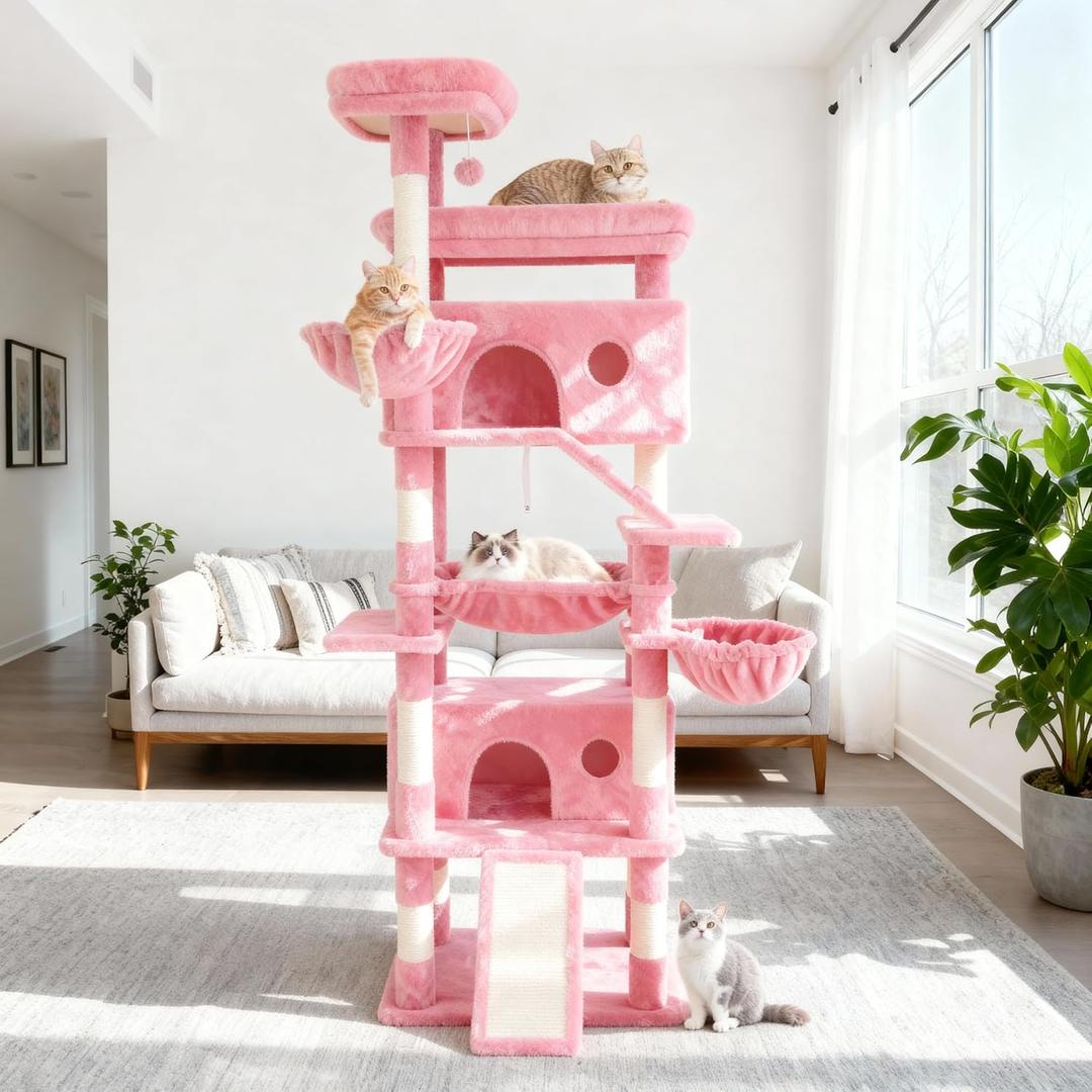 Cat Tree,80-Inch Large Cat Tower with 9 Scratching Posts, 2 Perches, 2 Caves, 2 Basket, 2 Stairs,Extra Large Hammock, Pompoms, Multi-Level Plush Cat Condo for Indoor Cats (Pink)