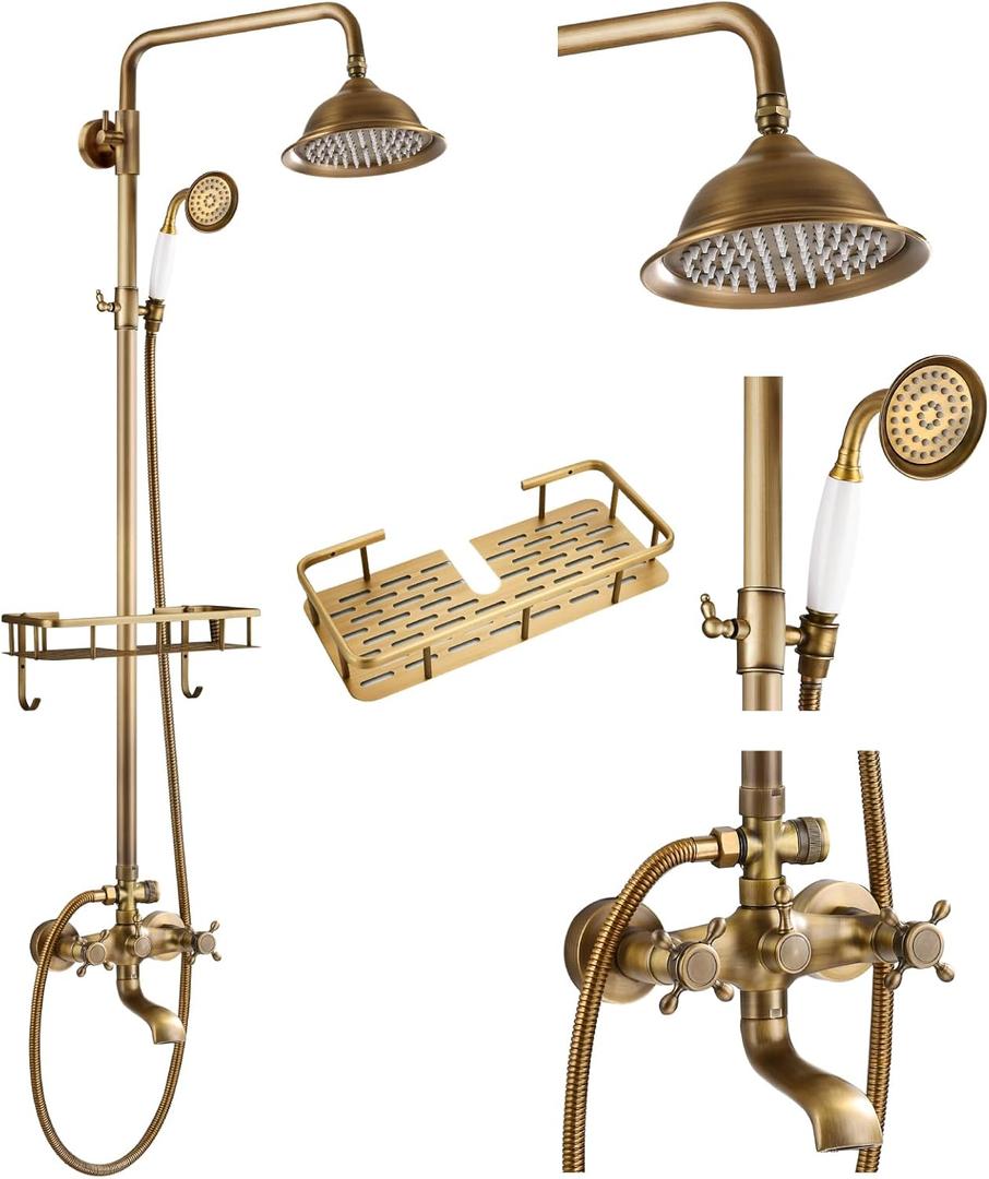 gotonovo Bathroom Exposed Shower Faucet Outdoor Shower System 8 Inch Rainfall Shower Head Set with Tub Spout and Handheld Spray Double Cross Handles Wall Mount with Shower Shelf Antique Brass