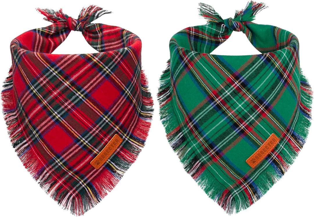 ADOGGYGO Christmas Dog Bandanas with Tassels, Stylish Plaid Dog Scarf Bib, Premium Cotton Fabric, Red Green Christmas Bandanas for Medium Large Dogs Pets (Large)