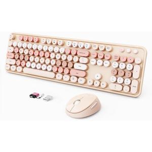 Wireless Keyboard and Mouse Combo, Ergonomic Full Size Typewriter Retro Round Keycaps Keyboard, Compatible with Windows, PC, Perfer for Home and Office Keyboards (Lovely Brown)