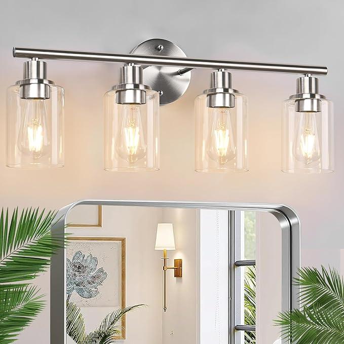 4-Light Bathroom Light Fixtures, Brushed Nickel Modern Vanity Light with Clear Glass Shade, Bathroom Lighting Fixtures Over Mirror, Bathroom Wall Lamp for Mirror Living Room Bedroom Kitchen Hallway