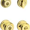 Kwikset Juno Keyed Front Door Knob and Deadbolt Set, Entry Knob Combo Project Pack Exterior with Interior Door Knob, Polished Brass, Pick Resistant SmartKey Rekey Deadbolt Security