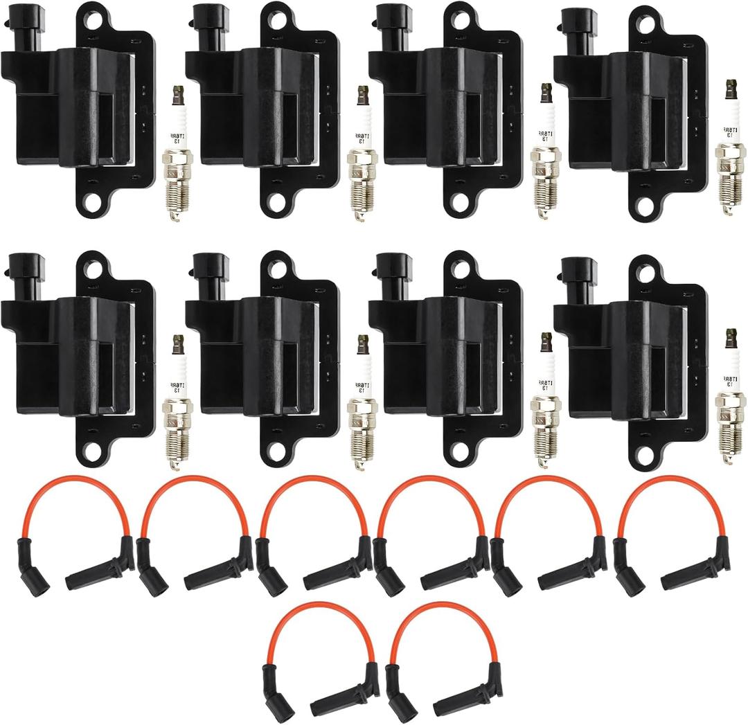 Square Ignition Coil Pack + Iridium Spark Plugs for 03-06 Chevy Avalanche 1500, 03-05 GMC Savana 1500 2500 3500, GMC Sierra 1500 HD 2500 HD 3500, Hummer H2, 4.8L 5.3L 6.0L, UF271, 8 Sets