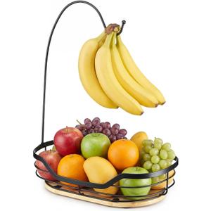 Banana Holder - Fruit Basket with Banana Hook - Banana Hanger with Bamboo Base - Metal Banana Stand for Kitchen Counter (Black)