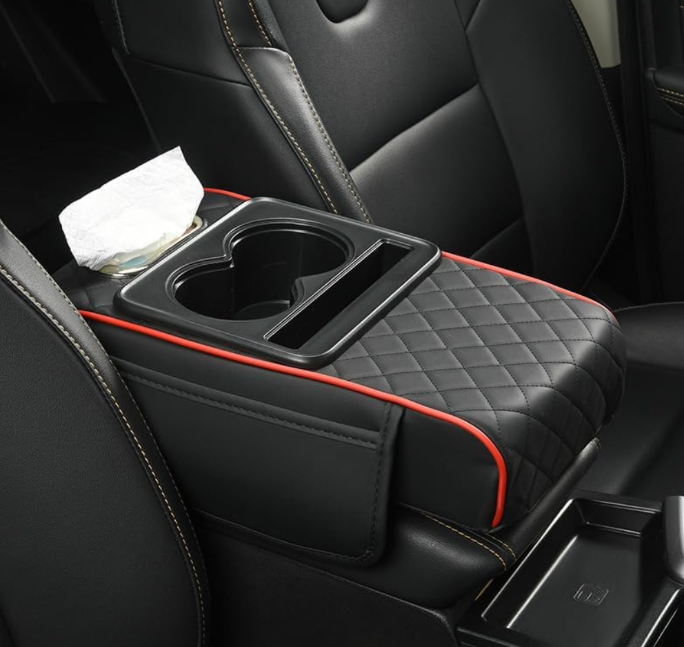 XUKEY Car Armrest Cushion Leather Center Console Covers 5-in-1 Armrest Organizer with Storage Box,Tissue Box,Cup Holder,Phone Slot, Middle Console Cover Cushion Pad Car Interior Organizers, Black-red