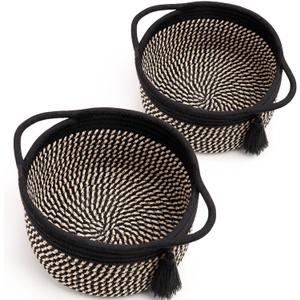 Small Woven Gift Basket Empty to Fill for Boys Man, Little Cotton Rope Bin for Desk, Bathroom, Shleves, Cute Decorative Plant Basket, 2 Pack, Pre-Shaped, With Gifts Bag & Ribbon, Rustic Black Brown