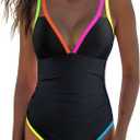 popvil Women's One Piece 2025 Tummy Control Swimsuits Neon Color Block Swimwear Deep V Neck Slimming Bathing Suit, XL
