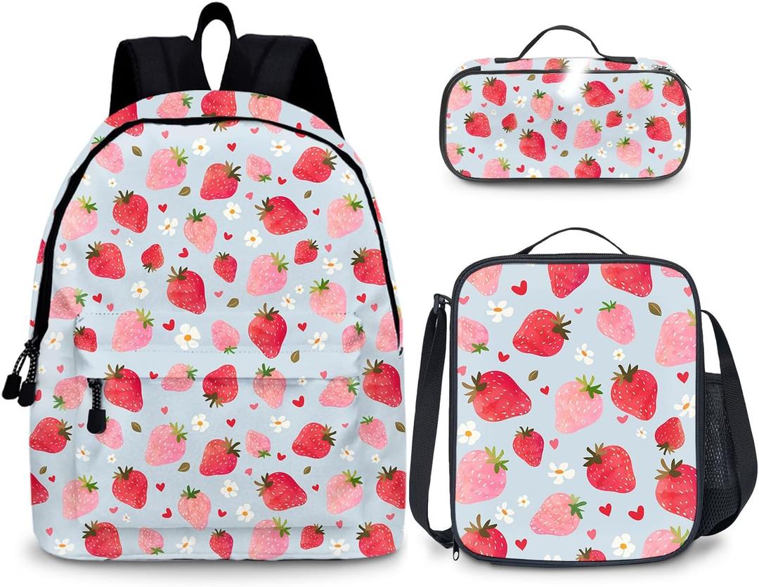Strawberry Kids Backpack for School Boys, 3PCS Teen Boy Backpack with Lunch Box & Pencil Pouch Set, Shoulders Travel Daypack Lightweight School Bag Bookbag Set for Kindergarten Primary Middle School