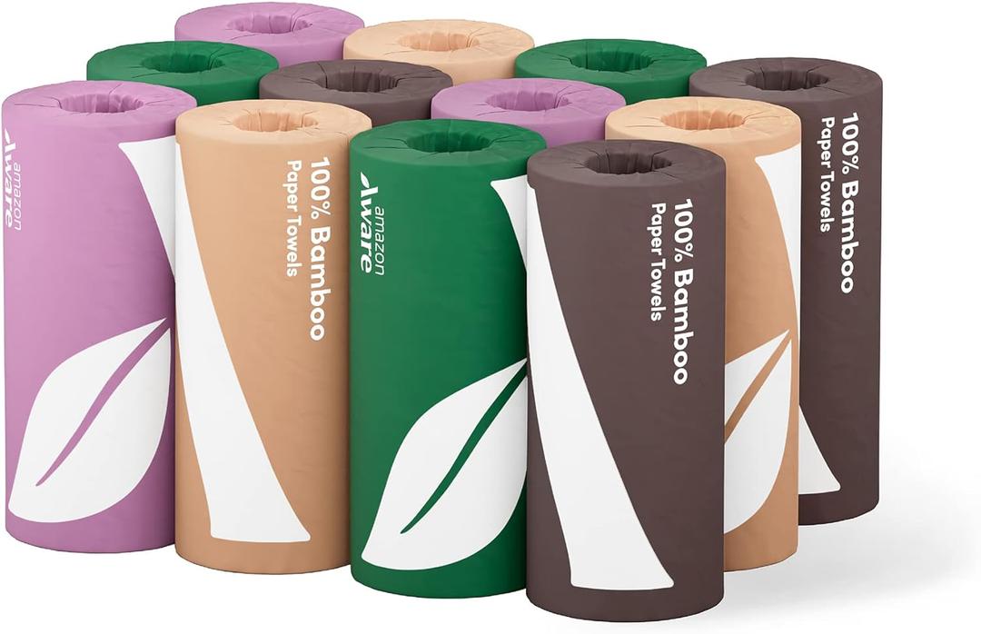 Amazon Aware Bamboo Paper Towels, 12 Rolls, 2 ply, FSC Certified, 150 Sheets, 1800 Count, Pack of 12, Plastic-Free, White