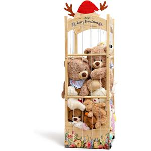Stuffed Animal Storage and Organizer, Wooden Stuffed Animal Organizer with Elastic Cords, Christmas Themed Movable Toy Storage Rack with Wheels, Ideal for Nursery, Playroom and Kidroom