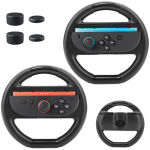 2 x PAWDIARY Steering Wheel Compatible with Switch 2 Controller Handle, Comfort Grip Switch 2 Racing Wheel Accessories with 4 Thumb Caps, Game Racing for Nintendo Switch 2 Wheels (Black x2)