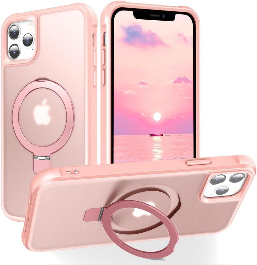 Magnetic Compatible with iPhone 11 Pro Max Case with Stand [Military Grade Drop Tested][Compatible with Magnet] Ring Translucent Slim Hard Back Soft Edge, Pink