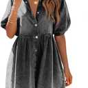 Pepochic Womens Summer Denim Dress Button Down Short Sleeve Babydoll Dress Puff Sleeve Flowy Jean Dress
 L