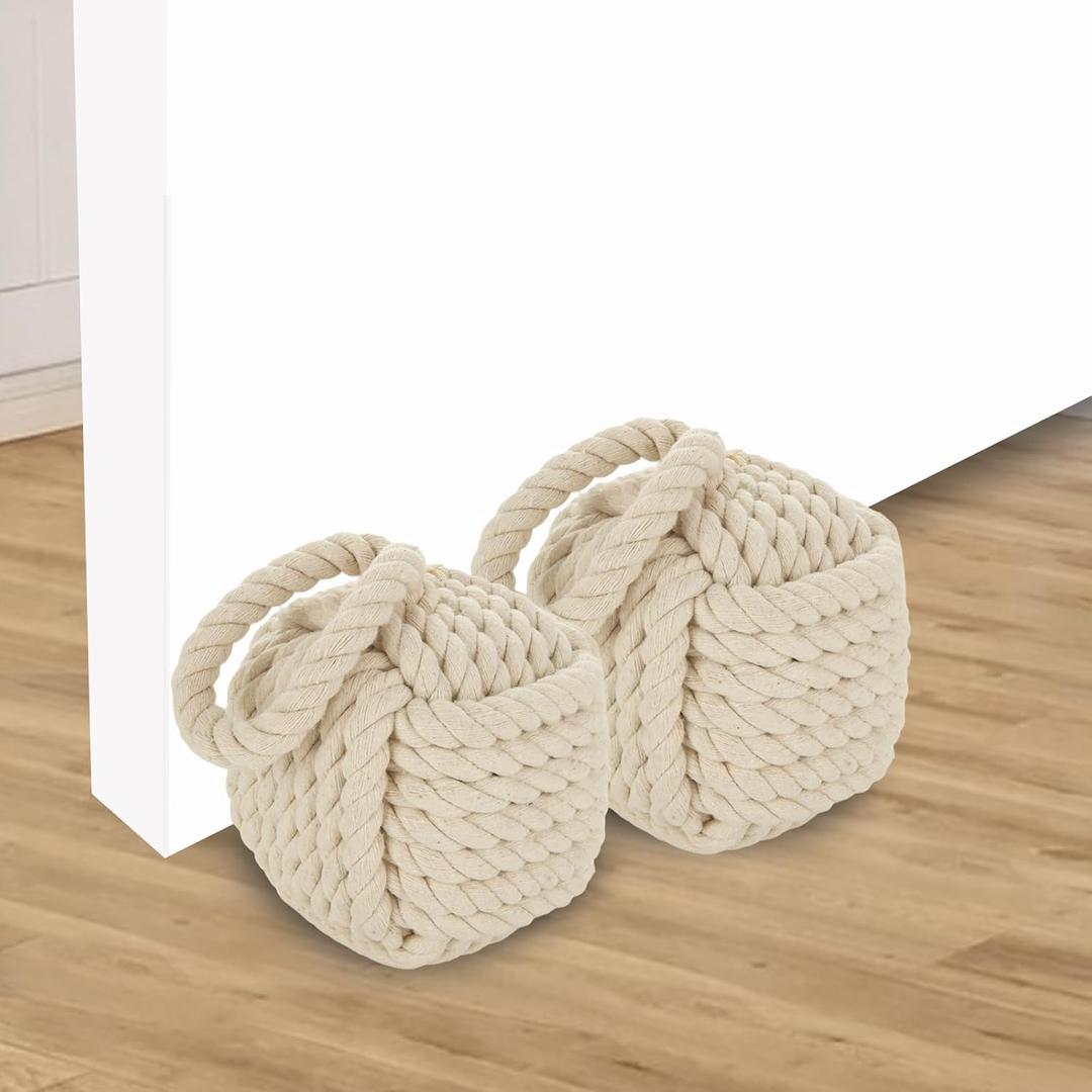 Acrux7 2 Pack Door Stopper 5.5x5.5 Inch Square Rope Knot Door Stop Nautical Decorative Door Stoppers Handmade with Handle, Jute Weighted Interior Door Stopper for Window, Bottom of Door