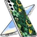 Compatible with Samsung Galaxy S25 Case - Nutral Green Plants Flowers Moth Insect Design Shockproof Soft TPU Cover Clear Case for Women Girls Boys Men