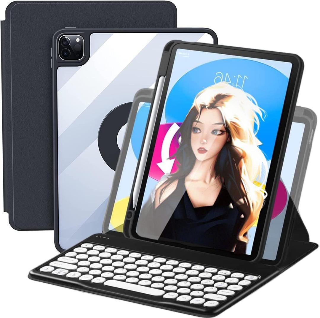 AnMengXinLing Keyboard Case for iPad 11 inch 2025(A16)/iPad 10 2022, Vertical Case with Pencil Holder, Magnetic Stand Rotating Detachable Keyboard with Clear Back (Black)