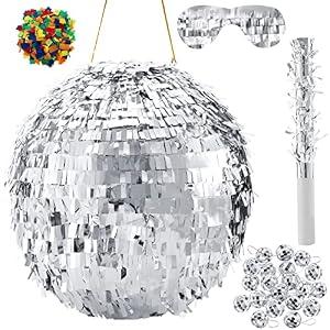 Lewtemi 11.8 Inch Silver Disco Ball Piñata with 1 Piñata Bat 1 Blindfold 1 Bag of Confetti and 20 Small Mirror Balls for Disco Themed Birthday Wedding Party Supplies