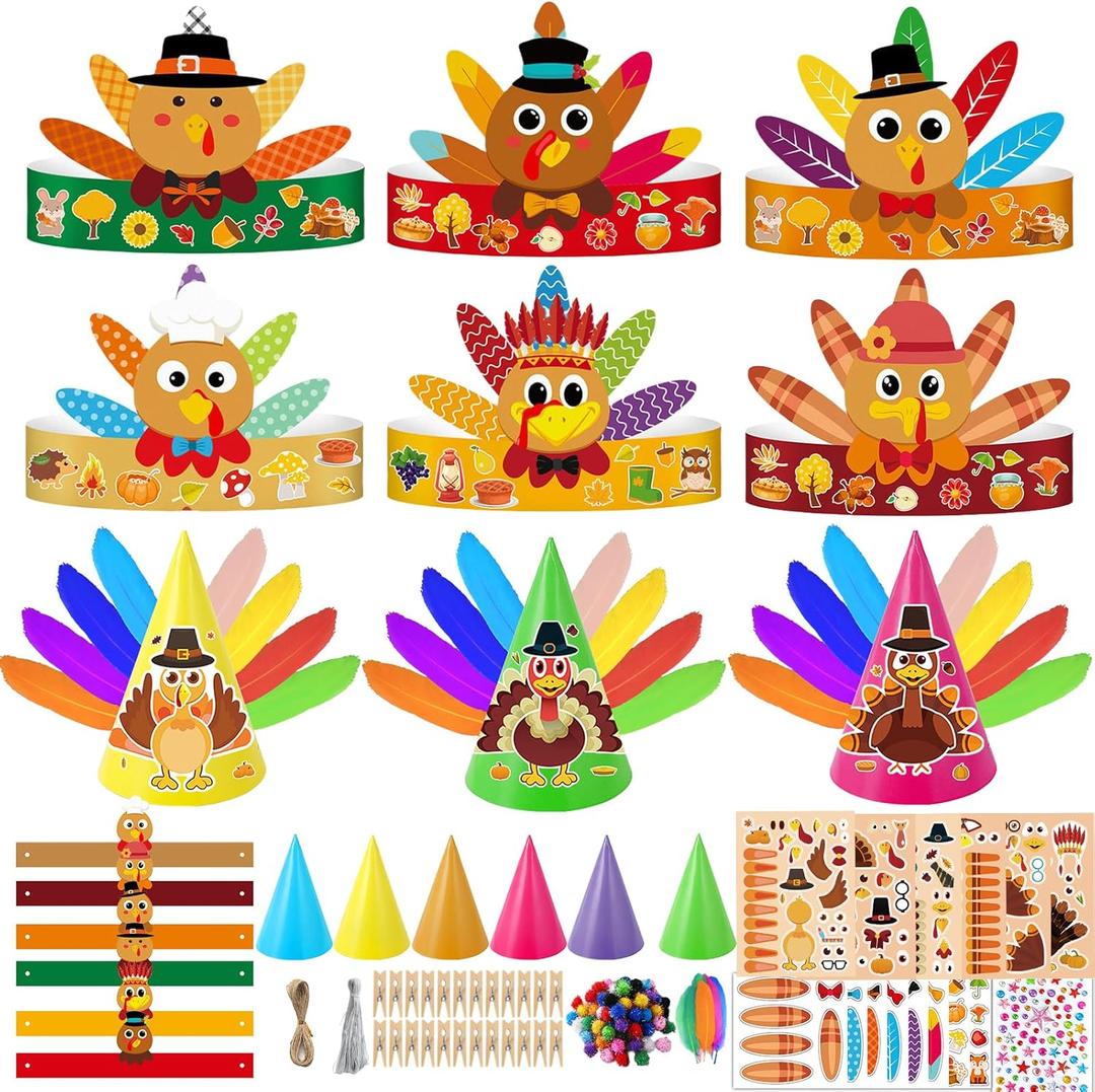 Hiawbon 30PCS Thanksgiving Turkey Craft Kits, DIY Turkey Headbands Craft Kits, Thanksgiving Turkey Hats, Fall Decoration Supplies for Thanksgiving Home