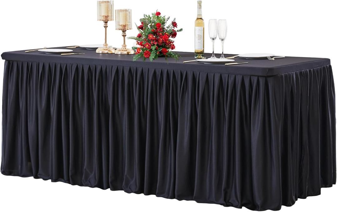 Black Polyester Table Clothes for 8 Foot Rectangle Tables, Wrinkle Free Fitted Table Cover with Pleated Ruffle Table Skirt for Birthday Party Wedding Trade Show Event Display