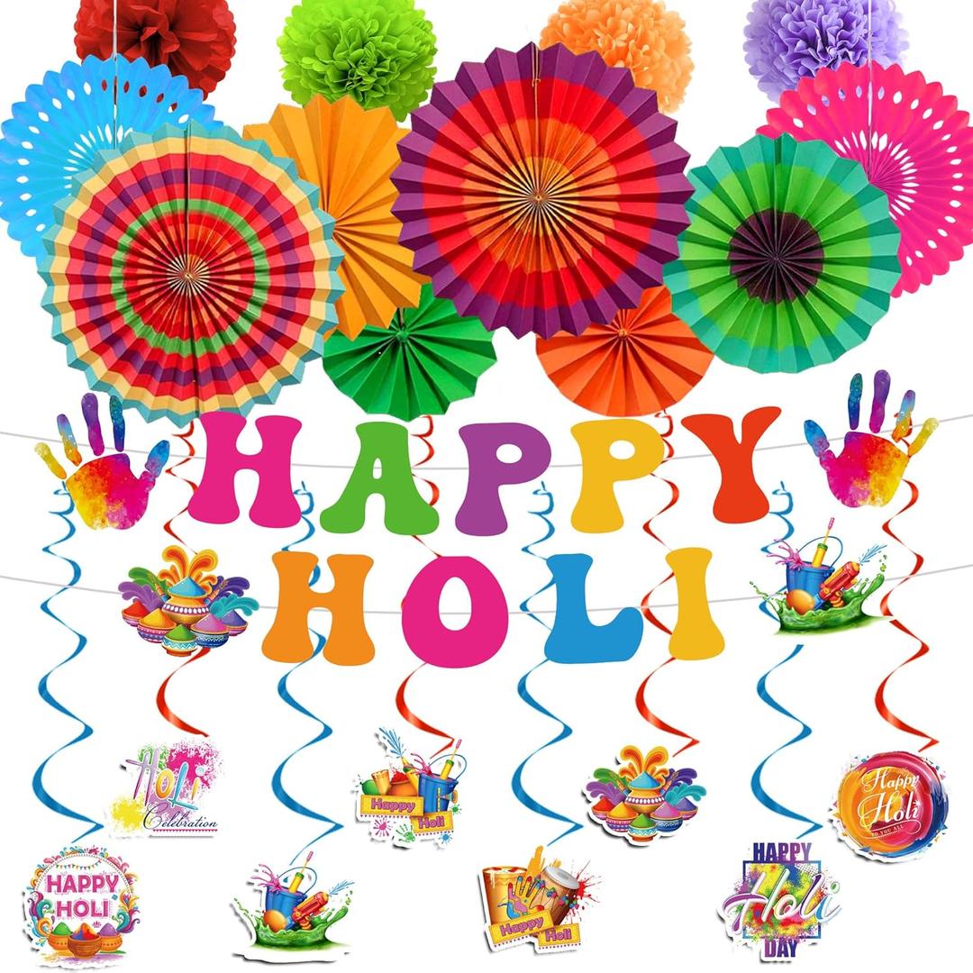Holi Decorations Include Happy Holi Banners Hanging Swirls Paper Fans Honeycomb Flower Balls Holi Festival Theme Party Supplies for Home