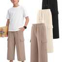 Langyiwee 3 Pack Boys Capri Pants Drawstring Elastic Waisted Teens Cargo Joggers Pull on Casual Sweatpants with Pockets(Khaki, Beige Apricot, Black,5-6 Years)