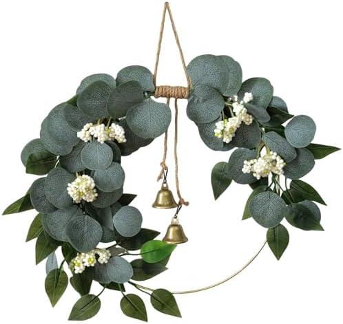 CMINAUS 15'' Eucalyptus Wreath for Front Door Artificial Greenery Outdoor Wreath with White Berry Spring Summer Wreaths for Farmhouse Front Porch Window Porch Hanging Wall Party Wedding Decor