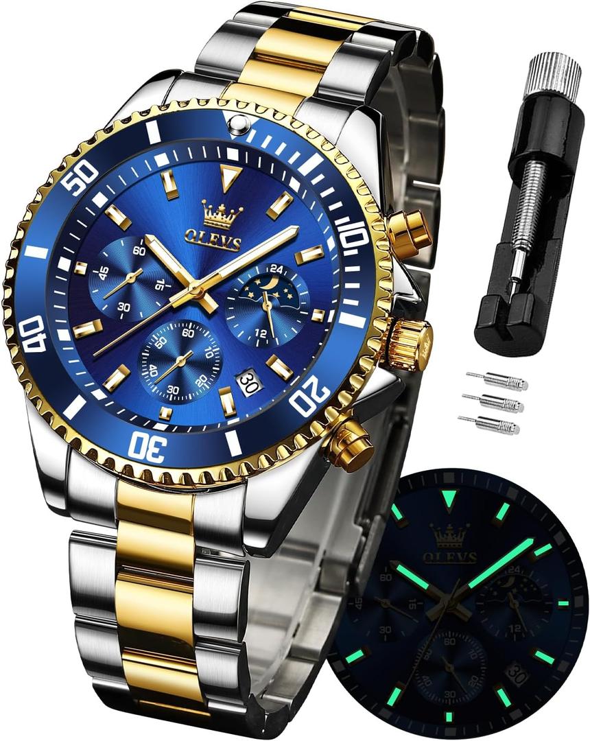 OLEVS Watches for Men Stainless Steel Analog Quartz Chronograph Moon Phase Watch Waterproof Date Luminous Wrist Male Watches,Gift for Men (Blue)
