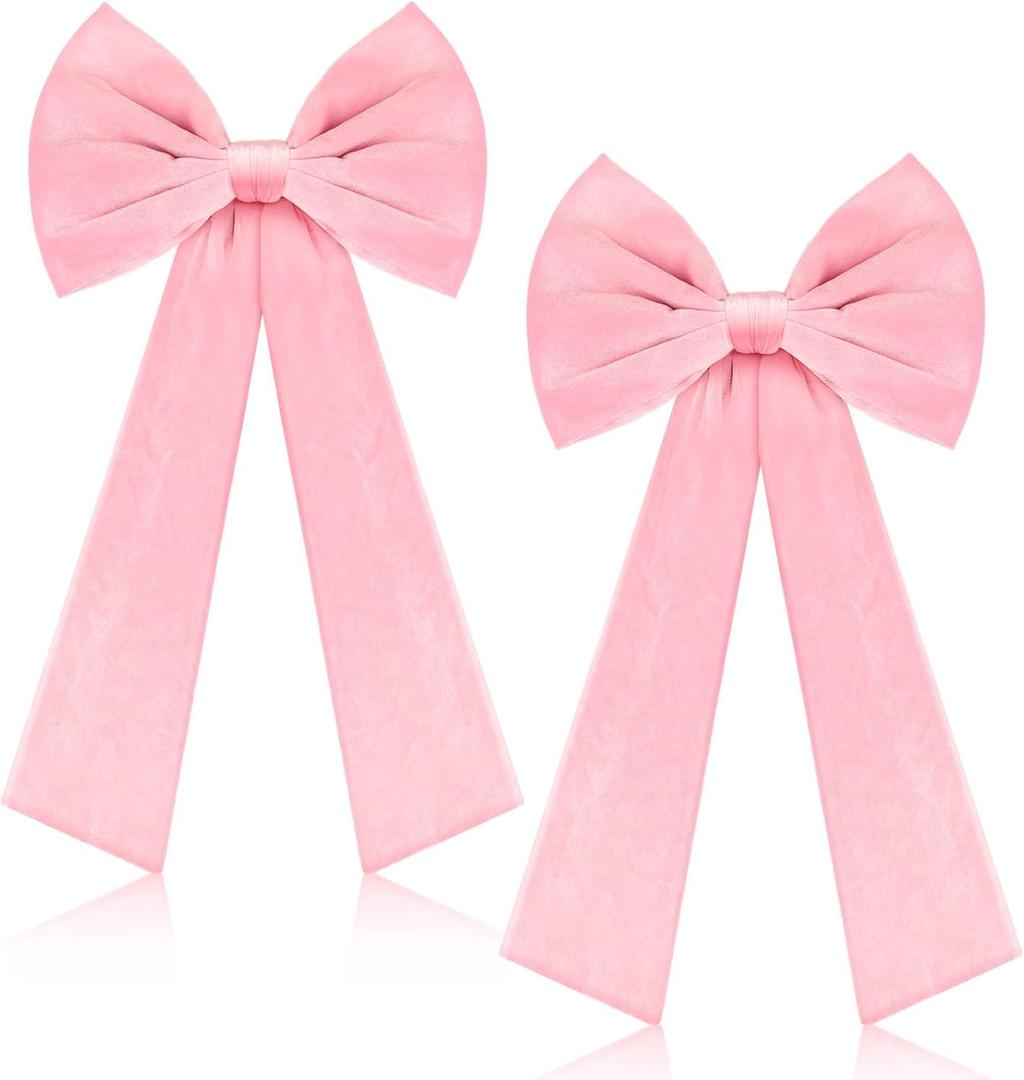 2 Pcs Pink Velvet Bow Christmas Party Decorations 12 x 24 Inch Velvet Large Wall Bow Ribbon Birthday Hanging Decor Coquette Party Background for Christmas Wedding Bachelorette