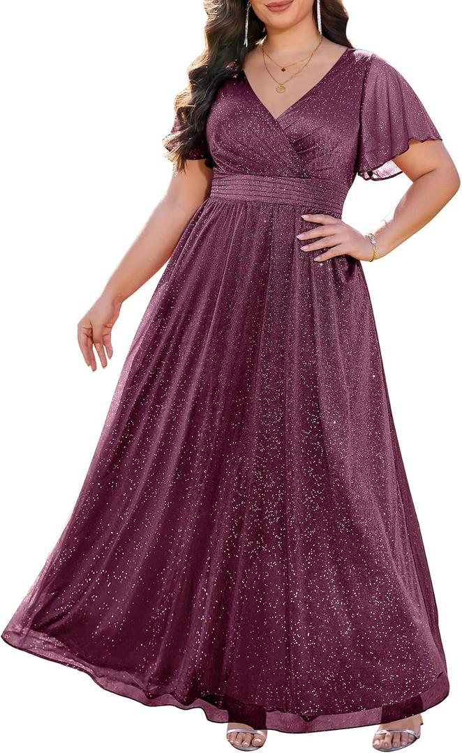 Plus Size Formal Dresses - V Neck Flutter Sleeve Glitter Prom Evening Gowns Wedding Guest Chiffon Long Maxi Dress