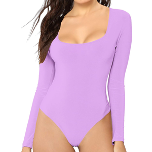 MANGDIUP Women's Essential Bodysuit - Scoop Neck Long Sleeve Slim Fit Stretch Cotton Spandex Jumpsuit L