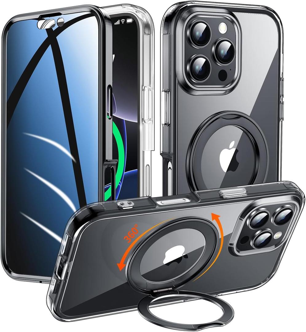 Privacy Case for iPhone 16 Pro with 360Stand [Built-in Anti Peeping Screen Protector] [Compatible with MagSafe] [Magnetic Ring ] Full Body Protective Phone Cover 6.3", Black