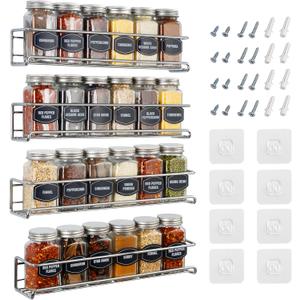 4 x Ultimate Hostess Spice Rack Wall Mounted 4 Tier Space-Saving Kitchen Spice Organizer for Seasonings Screw or Adhesive Hanging Wall Mount Hanging Spice Rack for Wall, Cabinet, Pantry Door