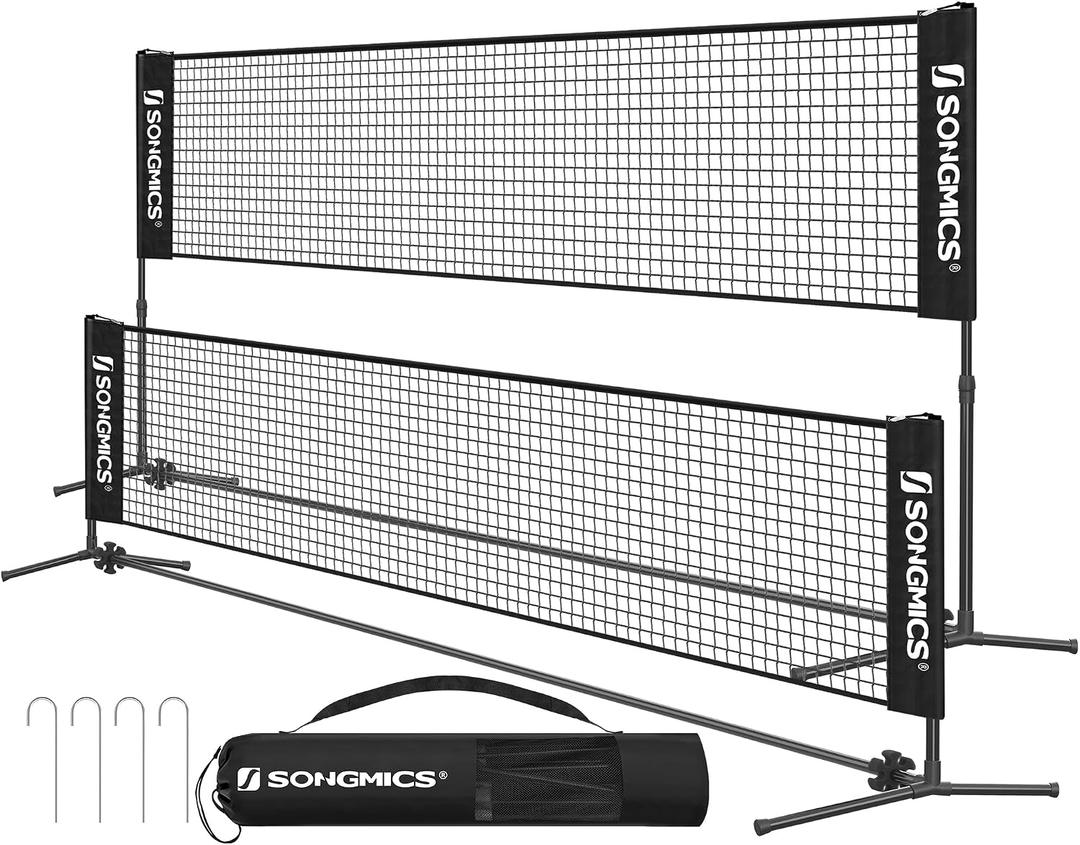 SONGMICS Badminton Net, Height Adjustable Volleyball Net, Pickleball Net for Junior Tennis, Kids, Indoor Outdoor Court, Foldable Nylon Net with Poles 10ft/13ft/16.5ft Wide