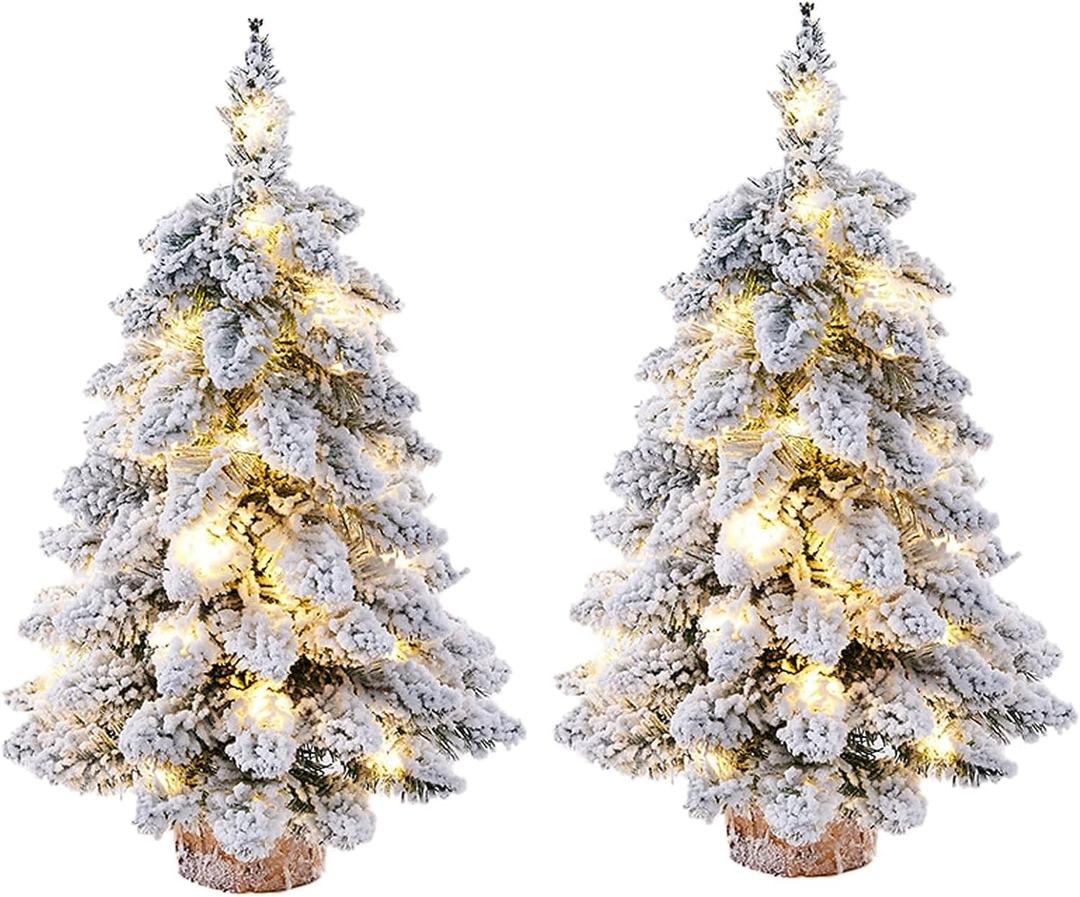 2 Pcs Prelit Tabletop Christmas Tree Snow Flocked Christmas Tree with Led Lights Wood Base Mini Xmas Pine Tree for Table Desk Home Christmas Decor