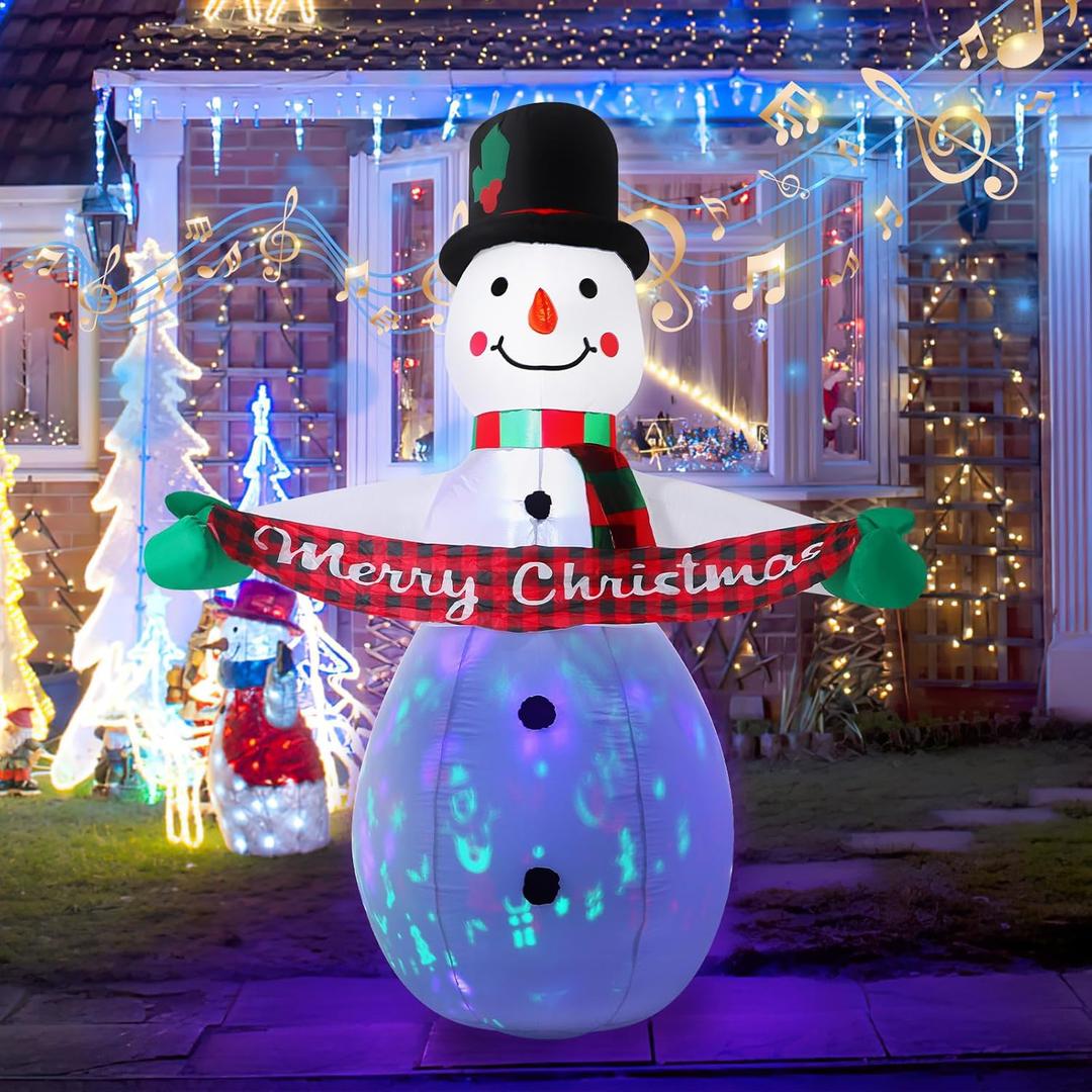 7FT Christmas Inflatables Snowman Outdoor Decorations with Music & Colorful Projector LED Lighted Blow Up Weatherproof Decorations Indoor Outdoor for Xmas Party Indoor Yard Lawn Dcor
