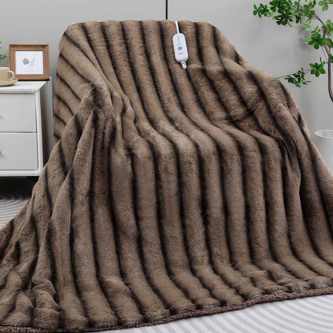 Heated Blanket Electric Twin- 62"x84" Soft Thick Faux Fur Electric Blanket for Sofa with 5 Heat Levels & 4 Hours Auto-Off Overheat Protection, Warm Cozy Gifts, Brown