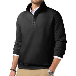 Quilted Sweatshirts for Men Quarter Button Pullover Sweater Casual Mock Neck Thermal Fleece Pullover Sweatshirt (Large, Black)