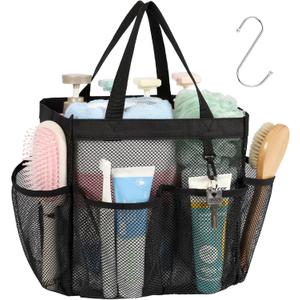 F-color Mesh Shower Caddy Portable for College Dorm Room Essentials with S Hook, 8 Pockets 2 Handles Quick Dry Shower Bag for Camping, Travel, Gym, Bathroom, Hanging Toiletry Organizer, Black